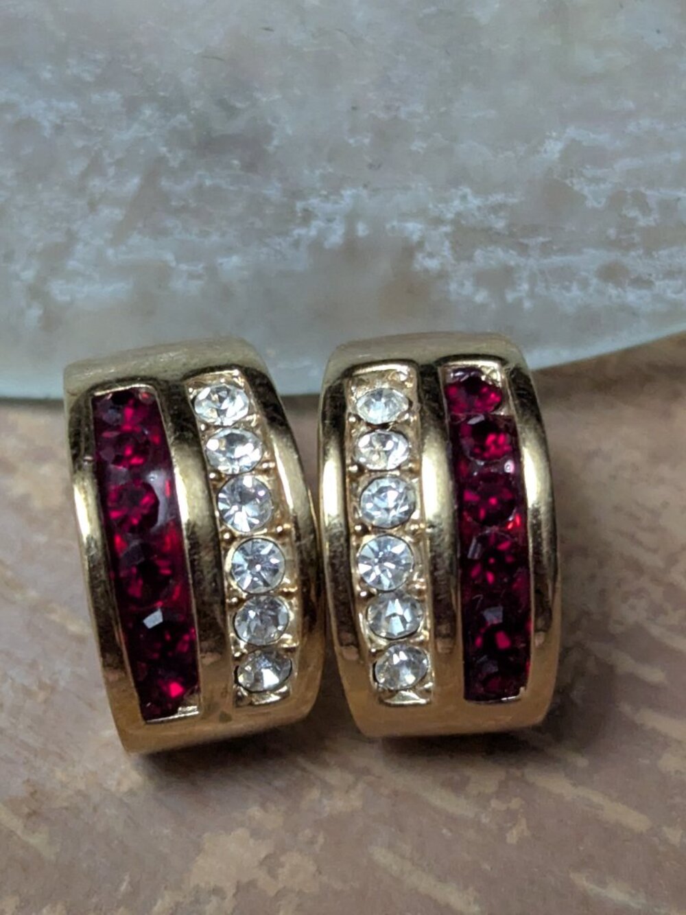 Vintage Roman Goldtone rhinestone red/white pierced Hoop earrings